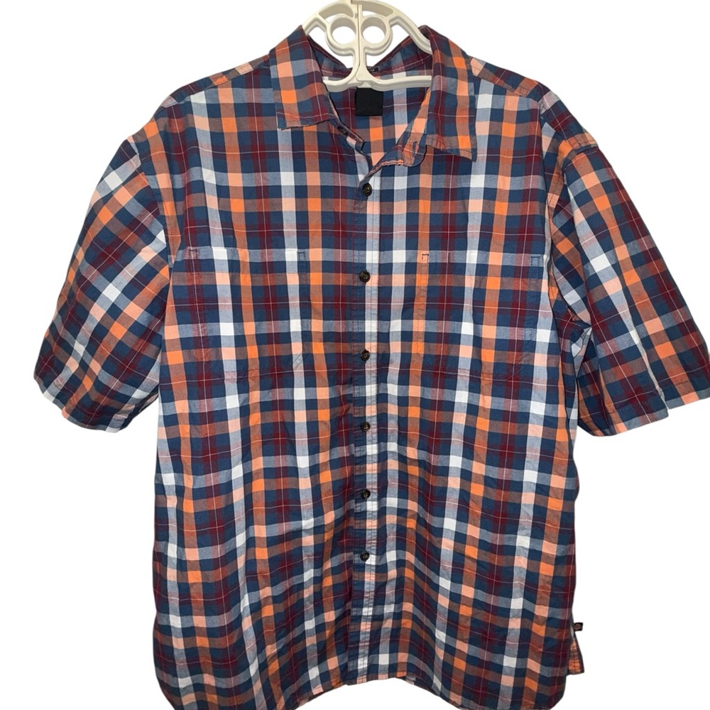 Dickies Men's Casual Plaid Button Down Shirt - Navy and Orange Large